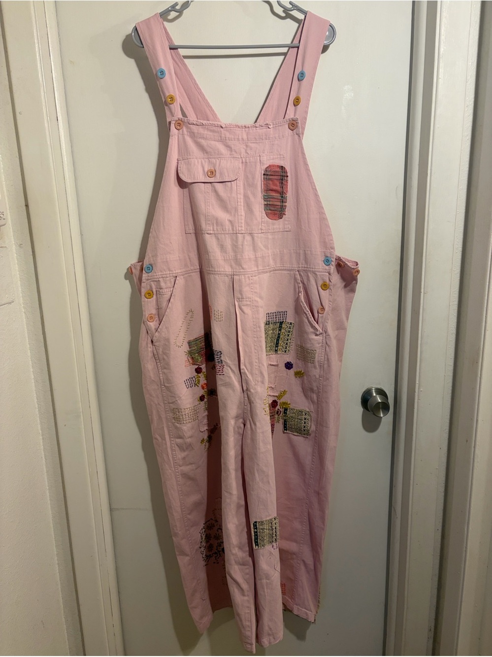NWT BLUE VELVET Pink Patchwork Overalls EMBROIDERED FLOWERS LARGE Bluevelvet - Picture 2 of 14